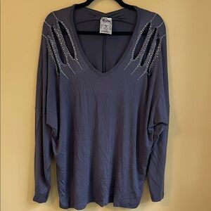 Vocal Charcoal Long Sleeve Top with Rhinestone Details